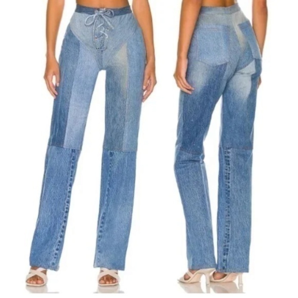 Nwot ▶️ EB Denim ◀️ Lace Up Tie Patchwork Denim Straight Leg Revolve Jeans   S